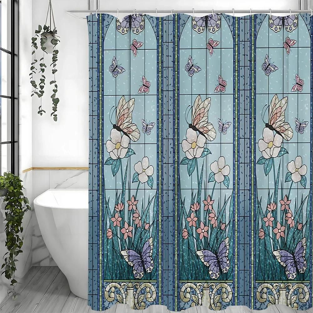~O~Blue Garden Shower Curtain, Colorful Butterfly Floral Bathroom Shower Curtain, Modern Design Botanical Fabric Shower Curtain