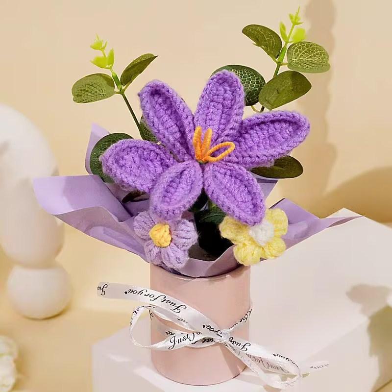 Knitted Flower Bouquet Finished Crochet Rose Bouquet Valentine'S Day Wedding Decor Handmade Artificia Flower Package Bag Gift