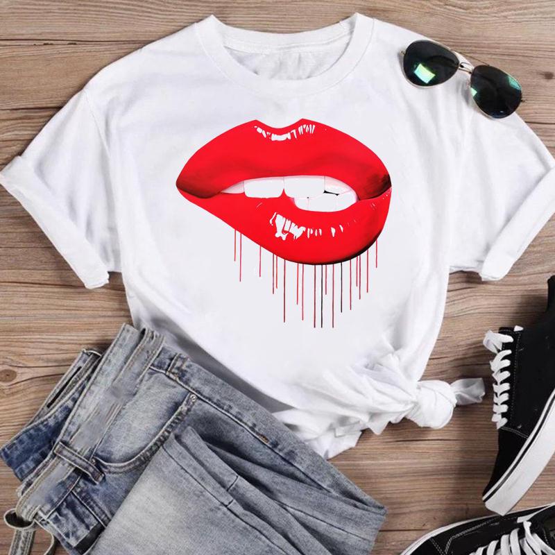 Women Lip Watercolor Sexy Lip Sweet Print T Shirt Female Graphic Top Short Sleeve Fashion  Summer Tshirts Casual Tee T-Shirt