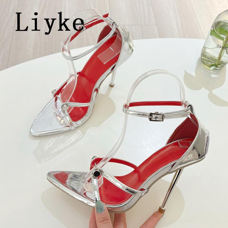 Fashion Liyke Fashion Design Metal Decoration Narrow Band Women Sandal High Heels Sexy Pointed Open Toe Wedding Banquet Shoes Size 35-41