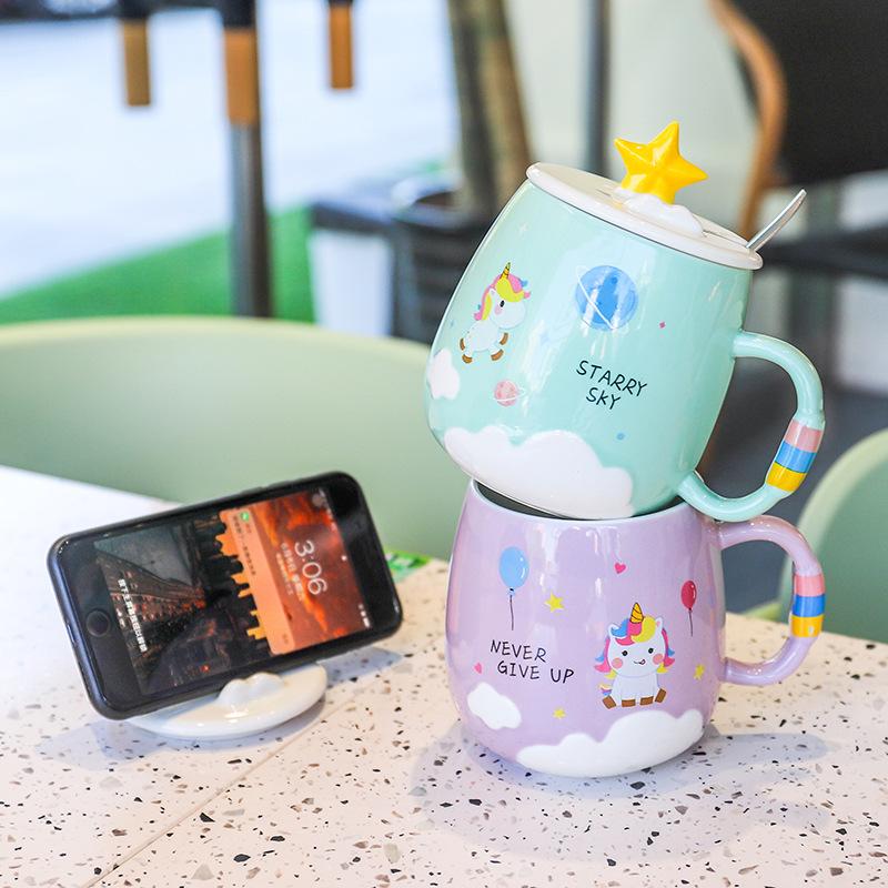 450ml Creative unicorn Ceramic Mug With Lid and Spoon Cartoon Milk Coffee Tea Cup Porcelain Mugs Nice Gifts Drop shipping