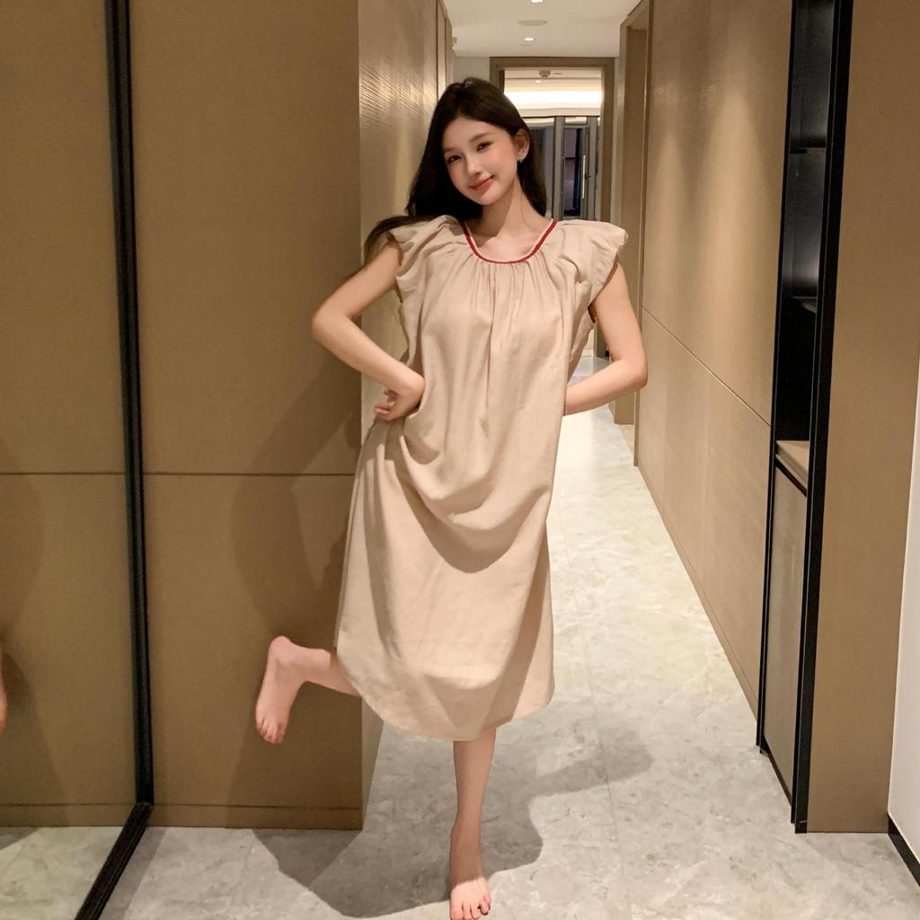 [Casual Minor] Cotton Dress Sweet Vacation Style Loose Nightdress Backless Lace Contrasting Color Silkworm Weisi
