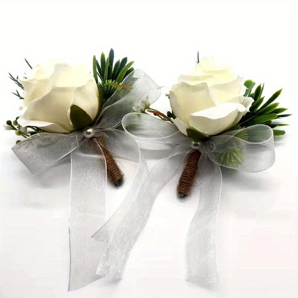 A Pair of Wedding Bridesmaids Simulated White Rose Corsage Wrist Flower Set