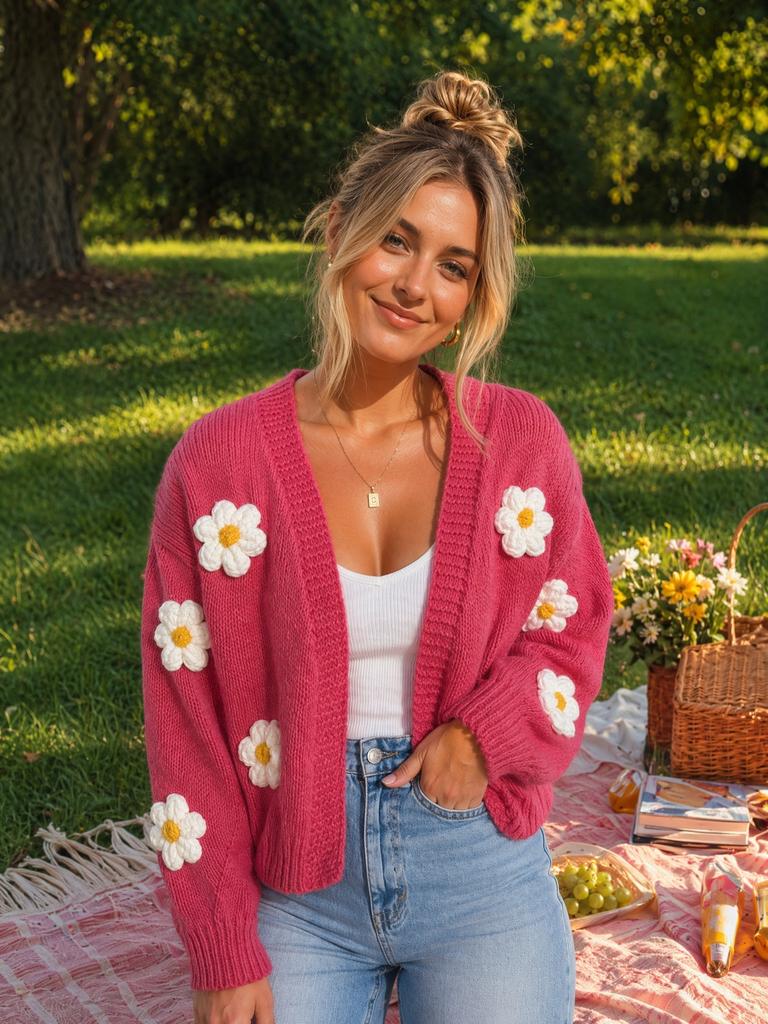 Women's three-dimensional small daisy crocheted V-neck knitted cardigan, fresh age-reducing cardigan top, casual and comfortable sweater