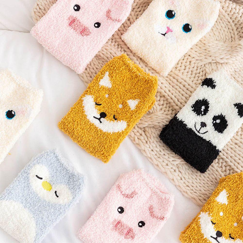 Fluffy Cartoon Animal Christmas Gift Sleep Bed Sock Embroidery Coral Velvet Socks Thickening
