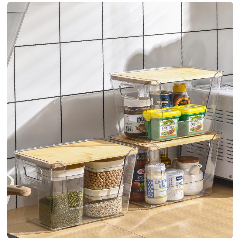 Transparent Bamboo Lid Storage Box - Stackable Kitchen Organizer for Seasonings & More