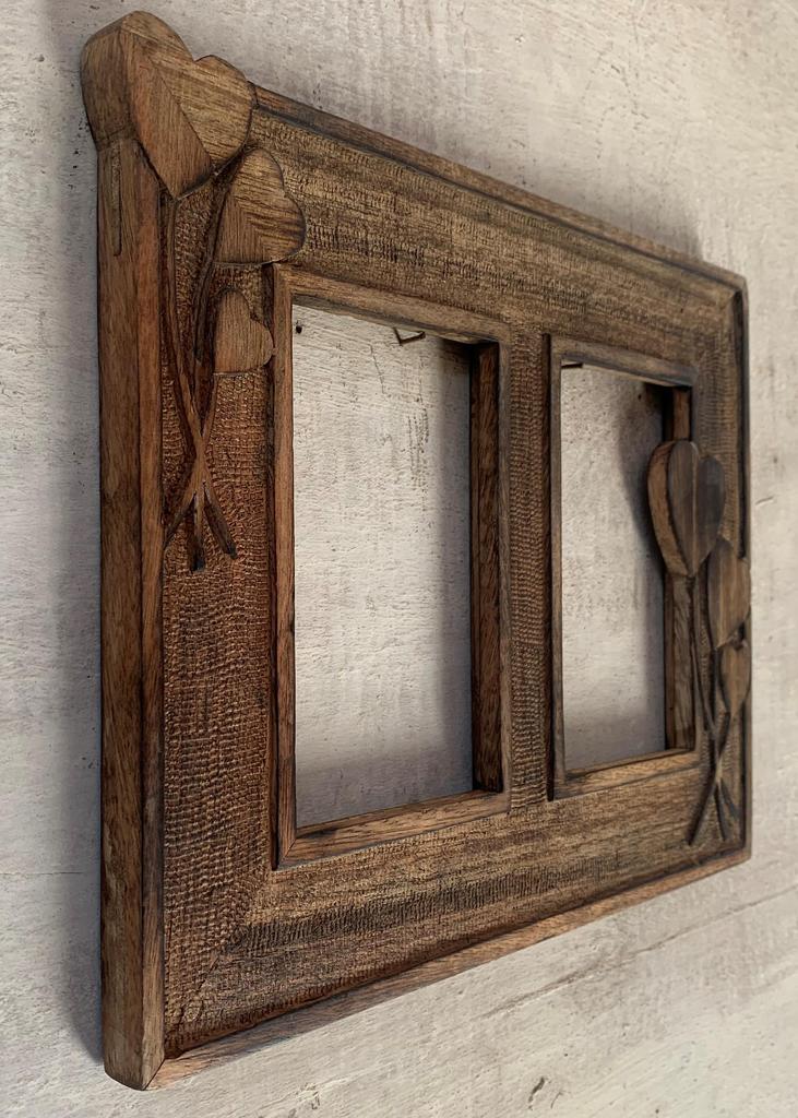 Rustic Wooden Double Photo Frame Carved Hearts | Romantic Wall Decor