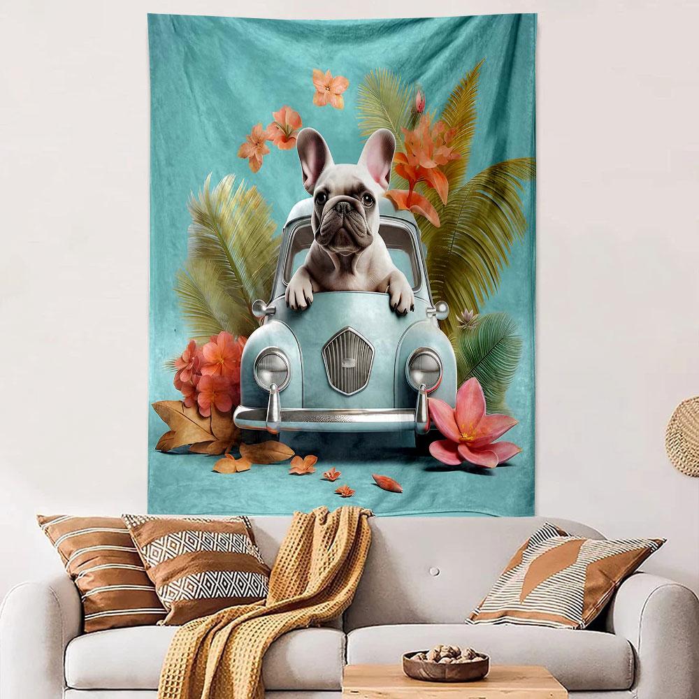 French Bulldog in Retro Car with Flowers Patterned Tapestry Decorative Wall Hanging, Home Bedroom Living Room Decor