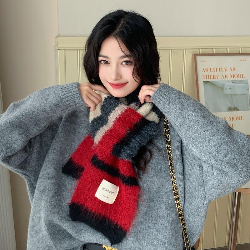 New wool scarf women's winter Korean atmosphere warm shawl striped color matching versatile knitted scarf