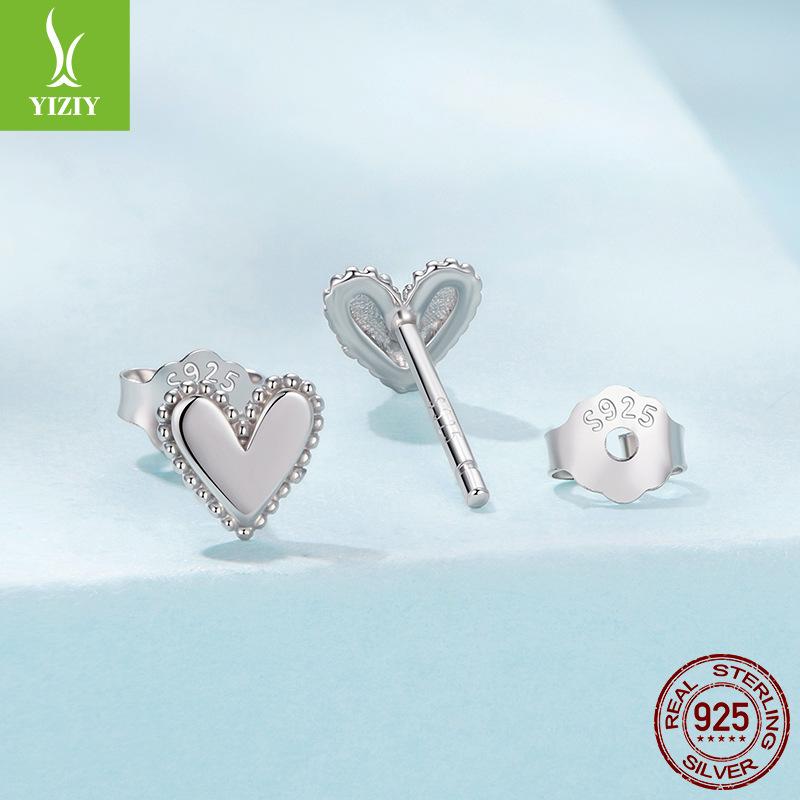 Mini Lace Love Plain Silver Stud Earrings Simple Versatile S925 Sterling Silver Delicate Heart Stud Earrings