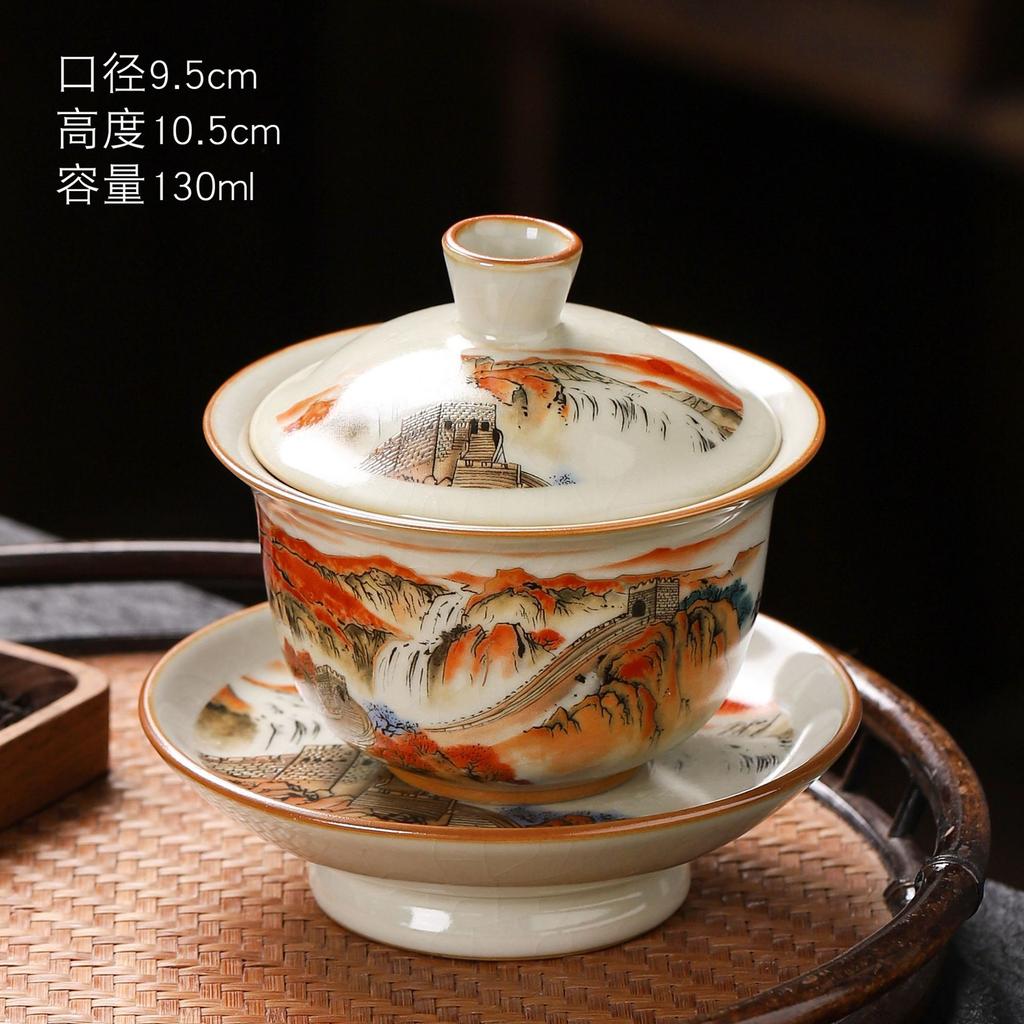 Beige Ru Kiln Sancai Cover Bowl Opening Film Can Feed Tea Bowl Kung Fu Tea Set Large Household Tea Bowl Antique Ceramics
