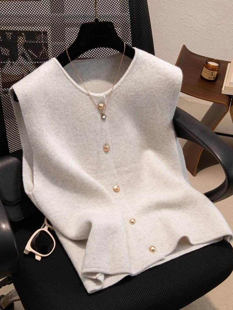 Women's 100% Pure Wool Cardigan Knit Vest - 2025 European Style High-End Autumn/Winter Layering Sweater Vest