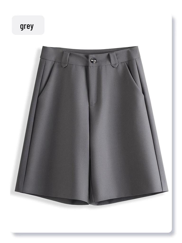 Pantaloni Slim Gri cu Talie Înaltă pentru Femei - Pantaloni Scurți Casual Petite pentru Costum Primăvară/Toamnă 2025