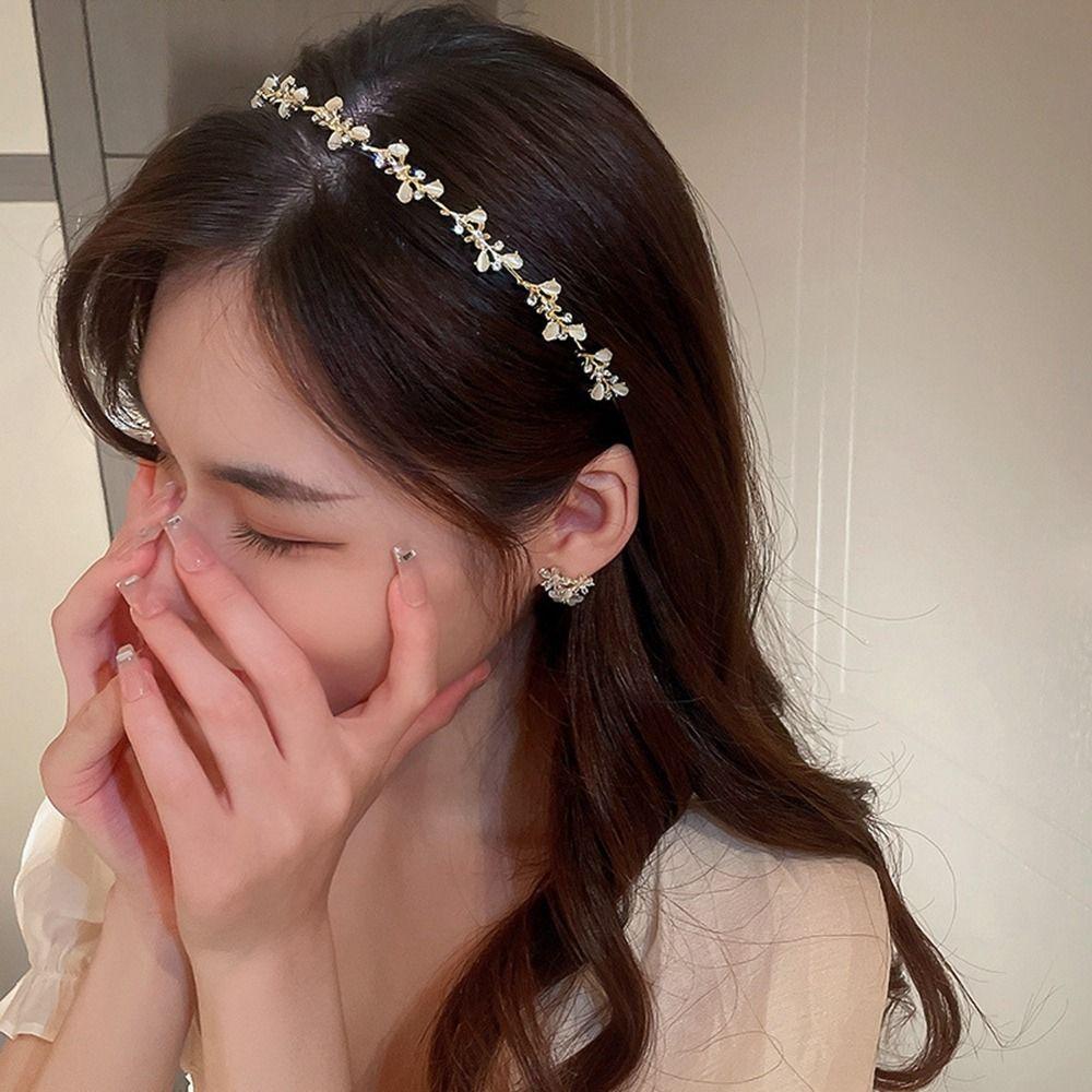 Accessories Tiara Gold Leaf Headband Rhinestone Hair Band Girl Thin Hair Hoop Korean Style Headwear