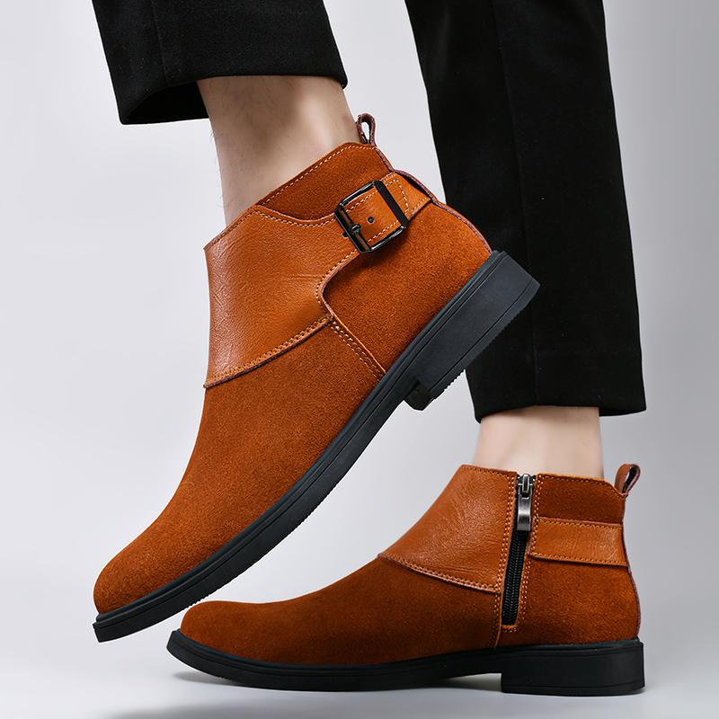 Fashion Genuine Leather Cowhide Retro Wedding Men Chelsea Boots Winter Dress Double Buckle Men Casual Ankle Suede Leather Boots Footwear