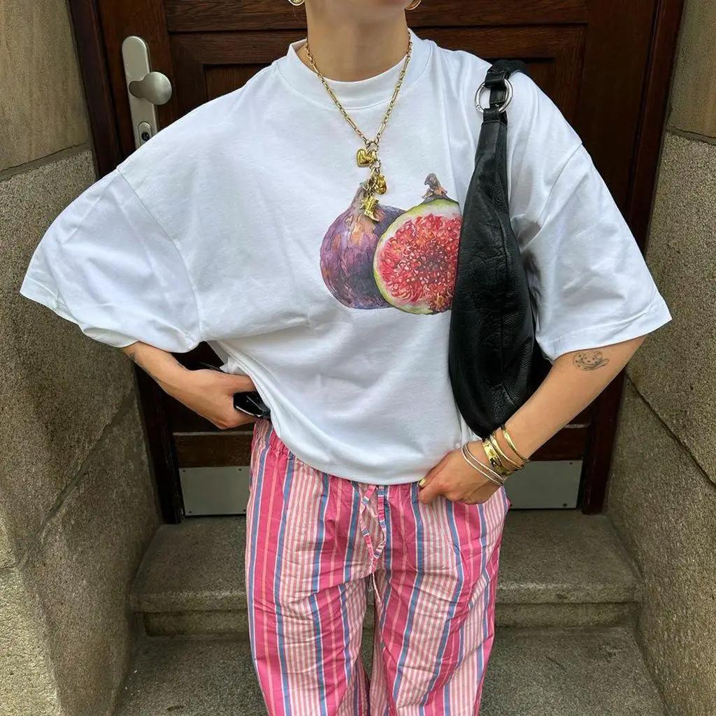 Women's Summer Basic Y2K T-Shirt Chili/ Fig/ Ocean/ Lamp Print Casual Short Sleeve Tops for Streetwear Aesthetic Clothes Y2k Top
