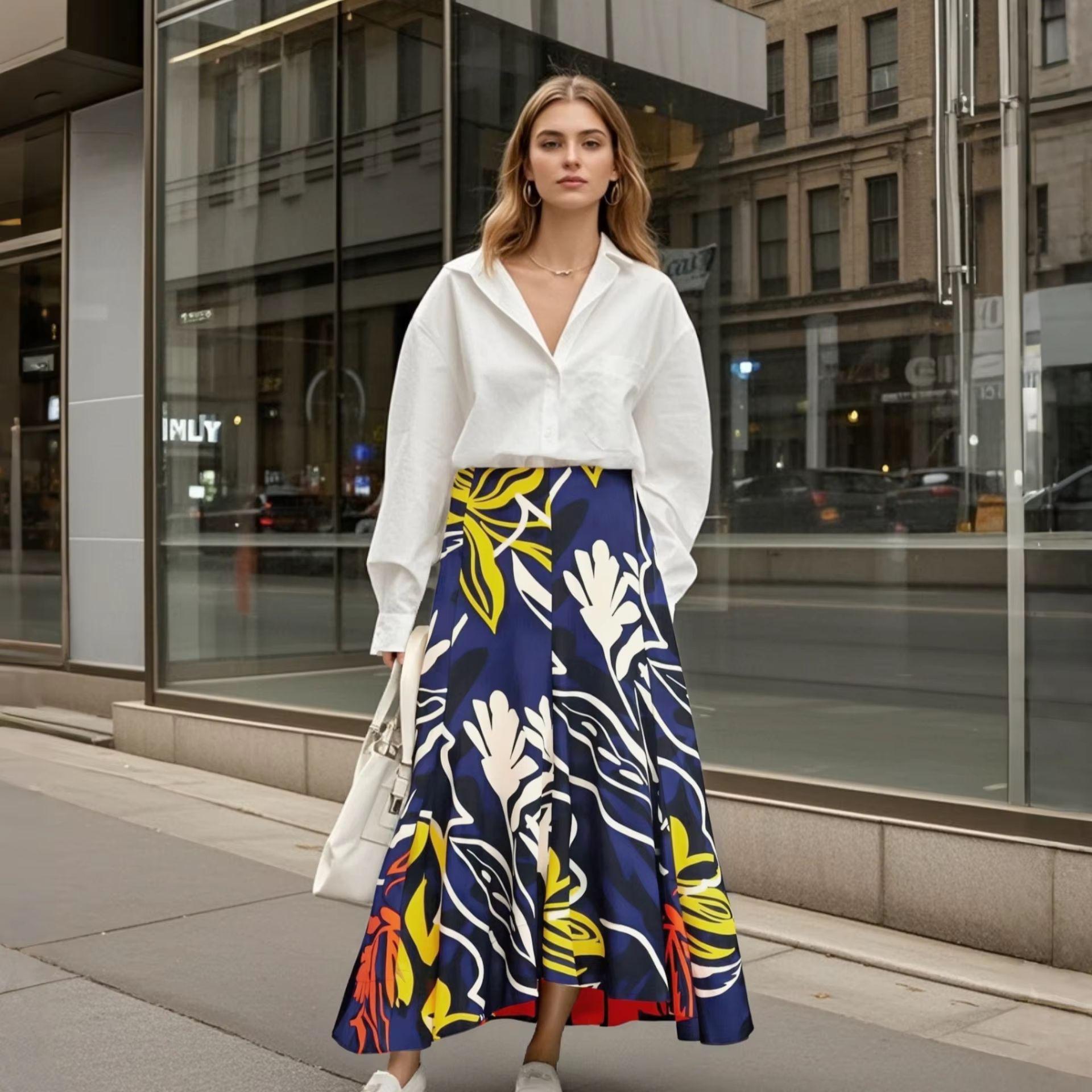 

2025 Summer New Women s Elegant High-Waist Print Midi Skirt Large