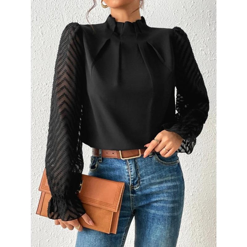 Half High Collar Long Sleeve Wavy Splicing Blouse Elegant Women Spirng Autumn Shirt Ladies Solid Color Loose Tops Sweet Simple Office Pleated Clothing