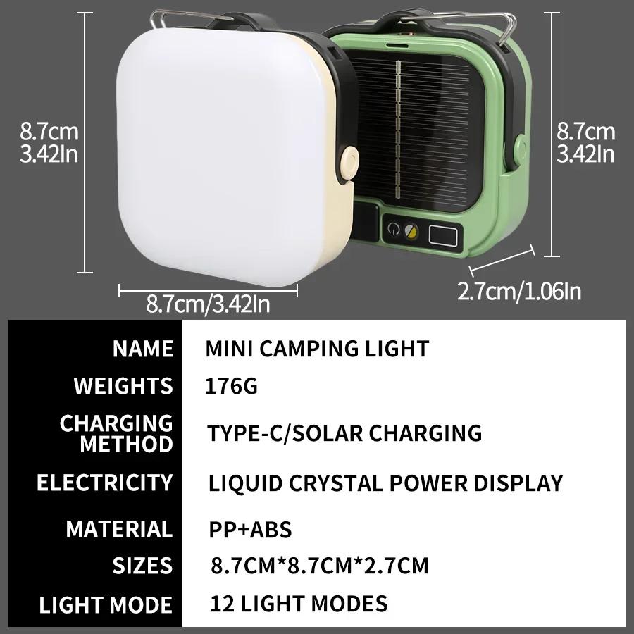 Solar Camping Lights 12 Modes Type C Rechargeable Lamp Outdoor Hanging Light Portable Fill Lantern Work Maintenance Lighting