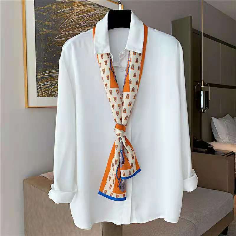 Luxury Silk Long Scarf Women Bag Handle Ribbon Ladies Plaid Print Headband Small Hair Scarves Band Female Handkerchief