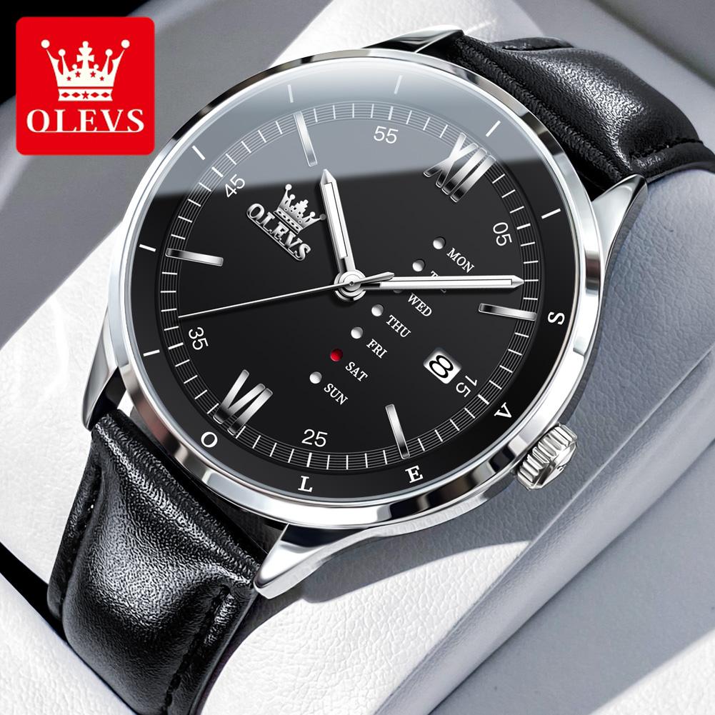 OLEVS Men's Watches Casual Fashion Leather Strap Waterproof Luminous Date Week Original Brand Quartz Wristwatch for Man Trend