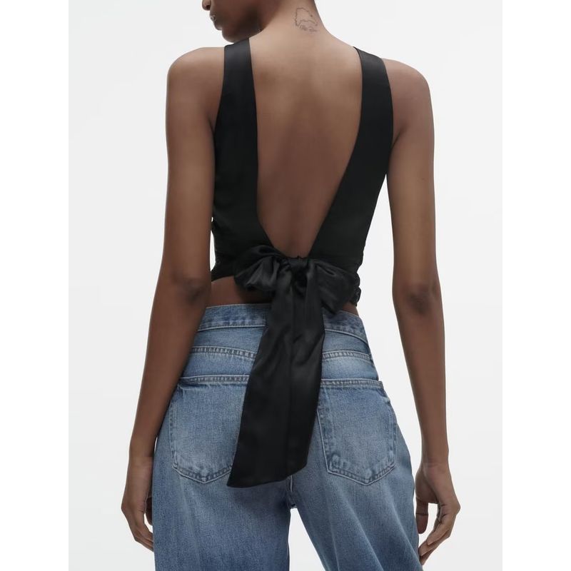 Spring NEW round Neck Sleeveless Sexy Bow Vest Open Back Silk Satin Texture Tops 2442650