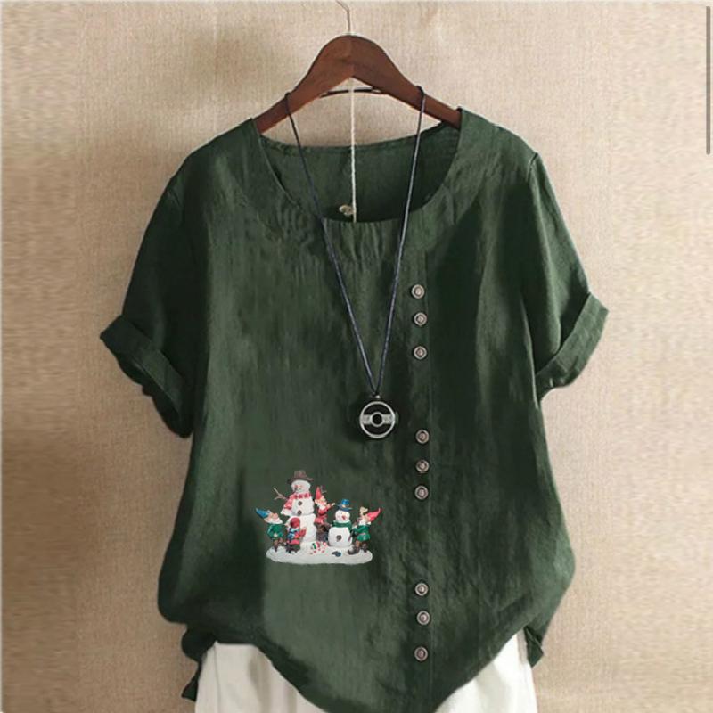Women's Fashion Round Neck Short Sleeve T-shirt Casual Cotton Linen Graphic Shirt Leisure Loose Snowman Prined Summer Blouse Tops