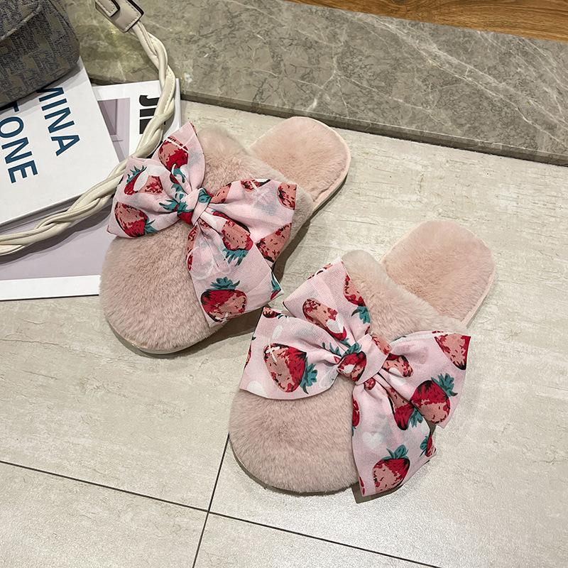 

Baotou thermal cotton slippers autumn and winter new home bow flat bottom soft fluffy slippers fashion slippers 40-41 розовый
