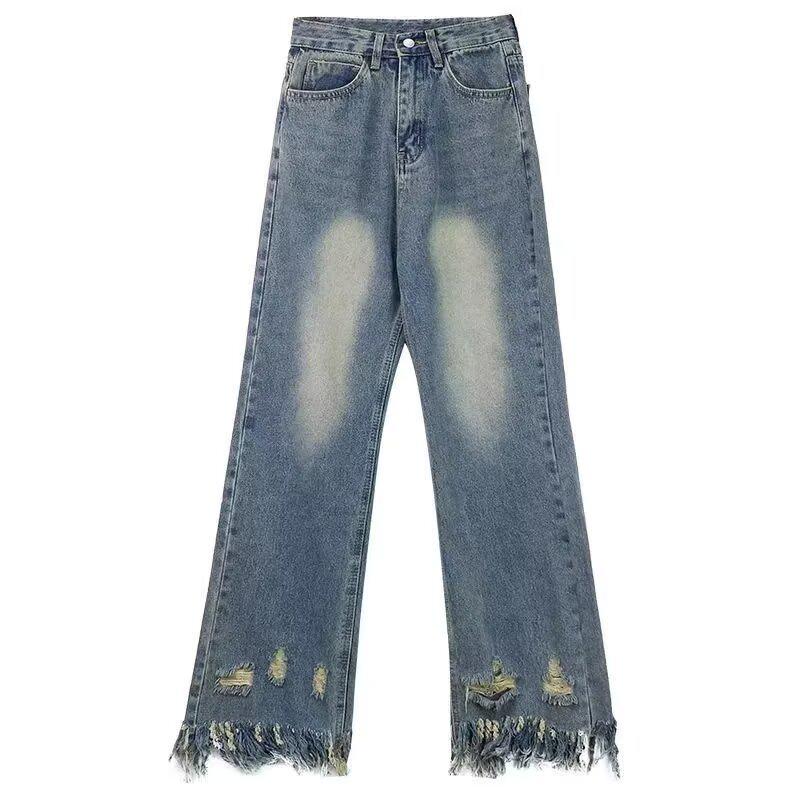 

Джинсы Деним Большого Размера с Завышенной Талией и Рваными Деталями - Широкие Штанины, Свободный Крой, Повседневный Стиль с Эффектом Потертости для Женщин. L синий