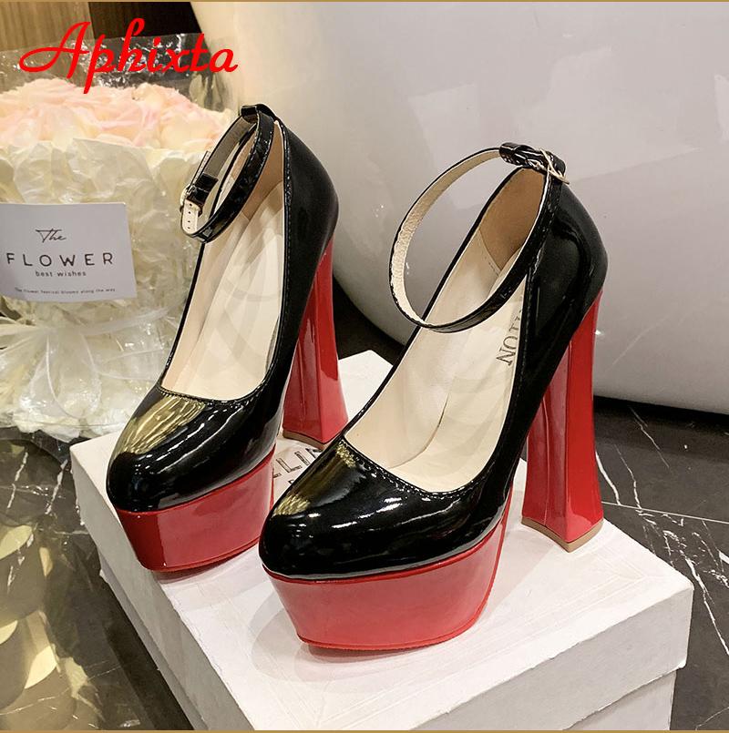 Fashion Aphixta 1cm Belt Buckle Red Party Disco Dance Pumps Women 5.5cm Platform 16cm Super High Chunky Heels Pumps Super Szie 48 49 50