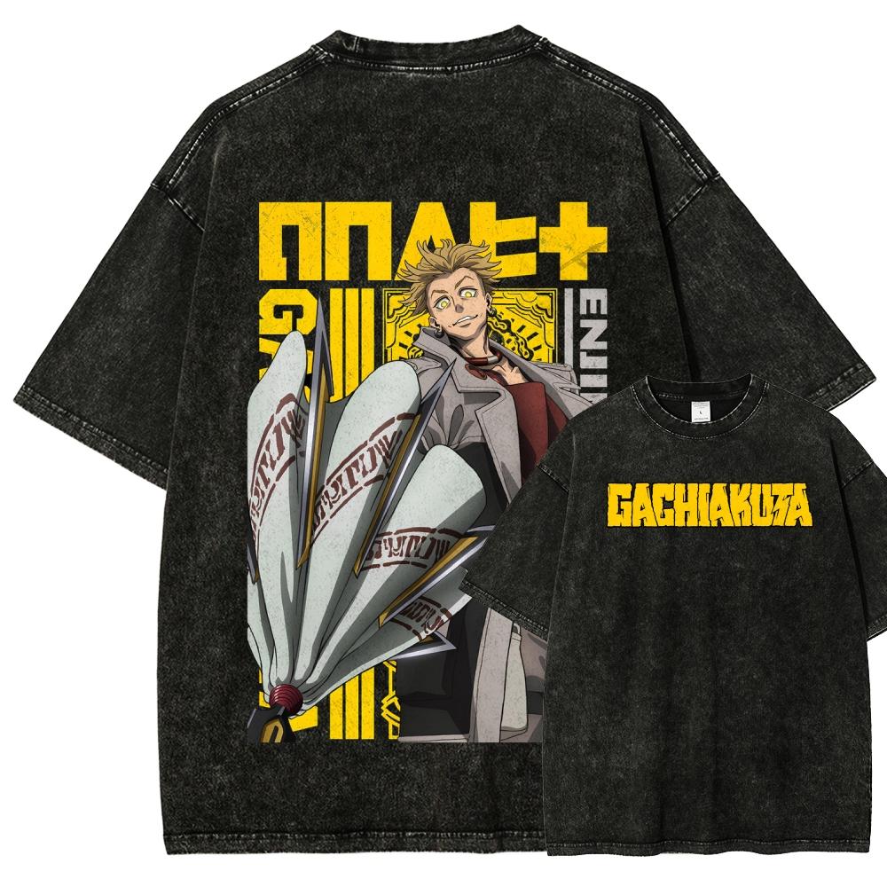 Gachiakuta Enjin Print Washed Oversized T-shirt Men Women Japanese Anime Manga Graphic Crew Neck Tee Shirt  Short Sleeve Female Male Clothing 
