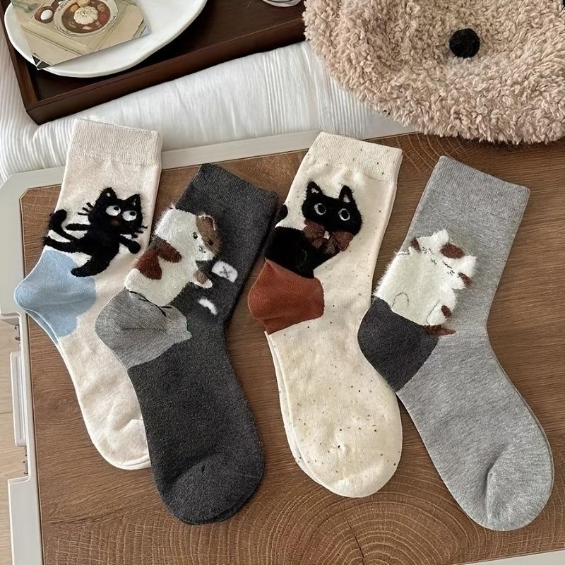 8pcs/4-Pair Unisex Autumn & Winter Warm 3D Cartoon Cat Mid-Calf Socks, Cute Ins Style Cold-Proof Casual Sports Socks