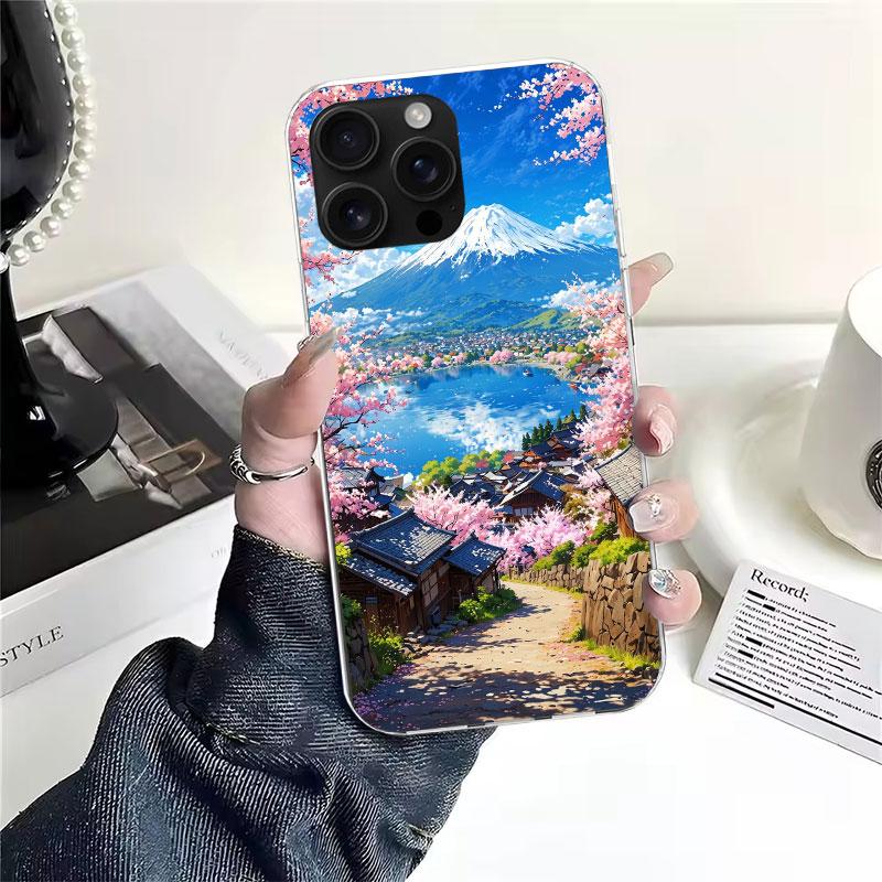 Japanese Cherry Mount Fuji Soft Phone Case For IPhone 11 17 Air 16E 16 Pro Max 15 + 14 Plus 13 Mini 12 Apple 7 SE 8 Fundas Coque