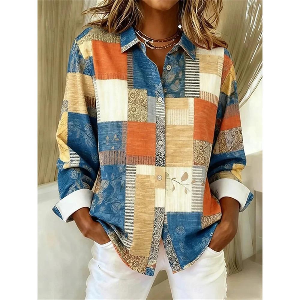 3D Patchwork Color-Printed Fashion Women's Shirt Loose Fit Ladies Blouses Tops New Spring Summer Casual Long-Sleeve Shirt