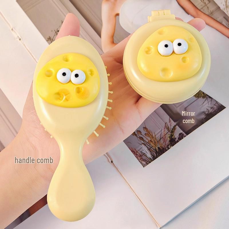 Girlish Foldable Mirror Brush: Cute, Portable Cushion Comb with Fluffy Massage Feature