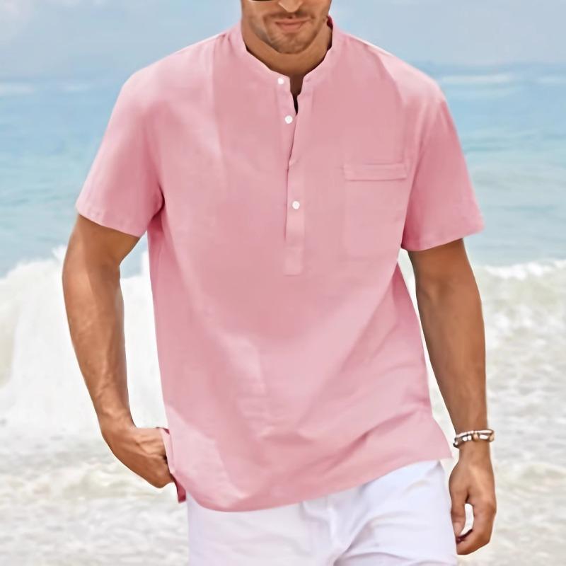 Herren Mischgewebe Einfarbig Mandarin-Kragen Henley-Shirt Kurzarm Lässig Urlaub Brusttasche Pullover Top