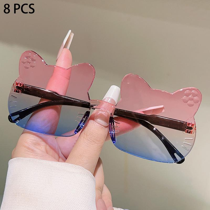 8 Pcs Cute Cat Shaped Sunglasses for Kids Fashion Gradient Multi-color Decor Girls Shades Trendy Rimless Stylish Sun Glasses