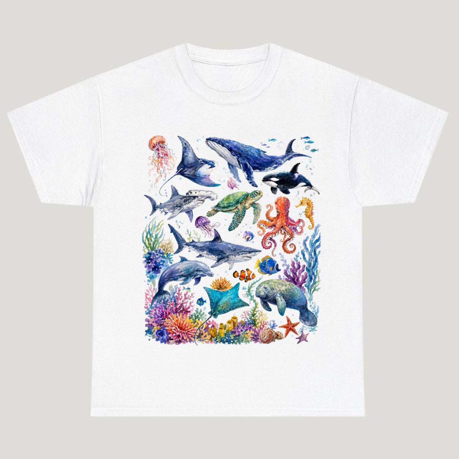 Ocean Life Watercolor Print T-Shirt: Whales, Sharks, Turtles, Octopus 4XL
