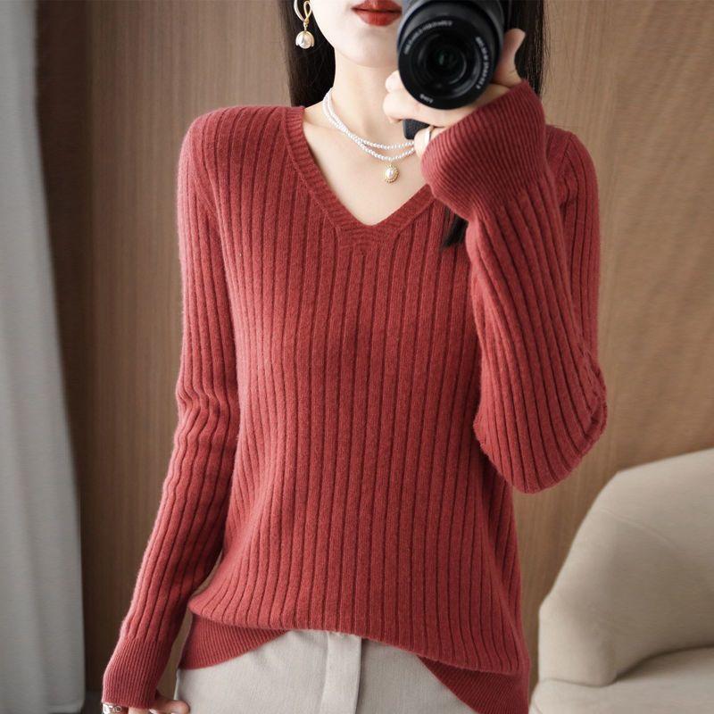 

Женский свитер 2023, осенне-зимний теплый пуловер с v-образным вырезом в полоску, облегающие рубашки с длинным рукавом, повседневный корейский офисный вязаный джемпер 4XL