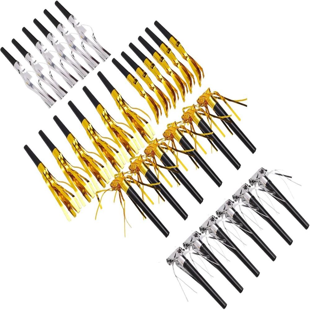 30 Pcs Gold And Silver Party Blowers Plastic Party Horns Funny Party Whistles For Nye Party