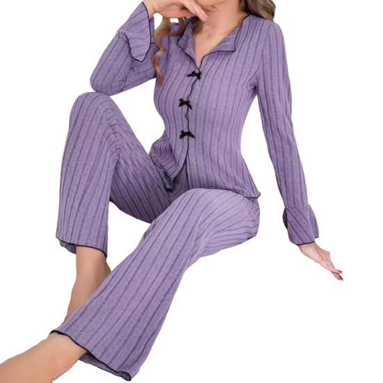 Women 2 Piece Lounge Set Ribbed Button Down Lapel Collar Bowknot Pajamas Set Long Sleeve Soft Comfy Pjs Sleepwear