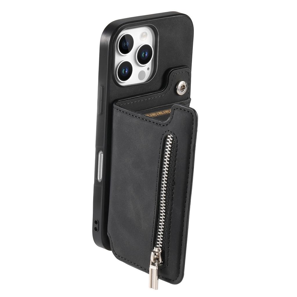 For iPhone 16 Pro Case Magnetic Detachable Zipper Card Holder Leather+TPU Phone Cover