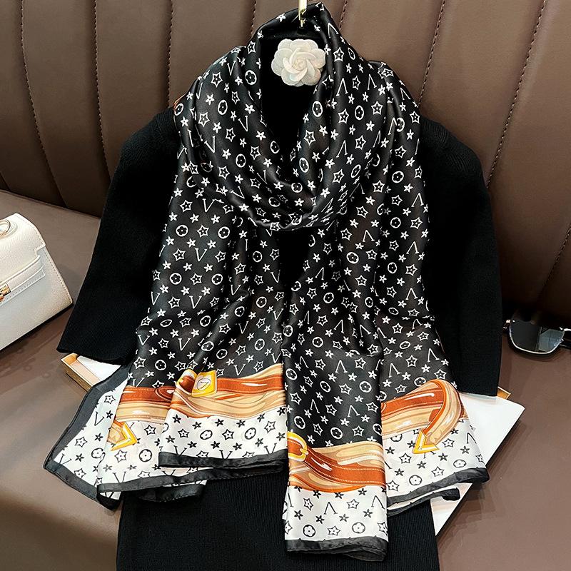 Silk scarf women s new alphabet brocade scarf with shawl dual-purpose beach women s fashionable foreign silk scarf 180cm
