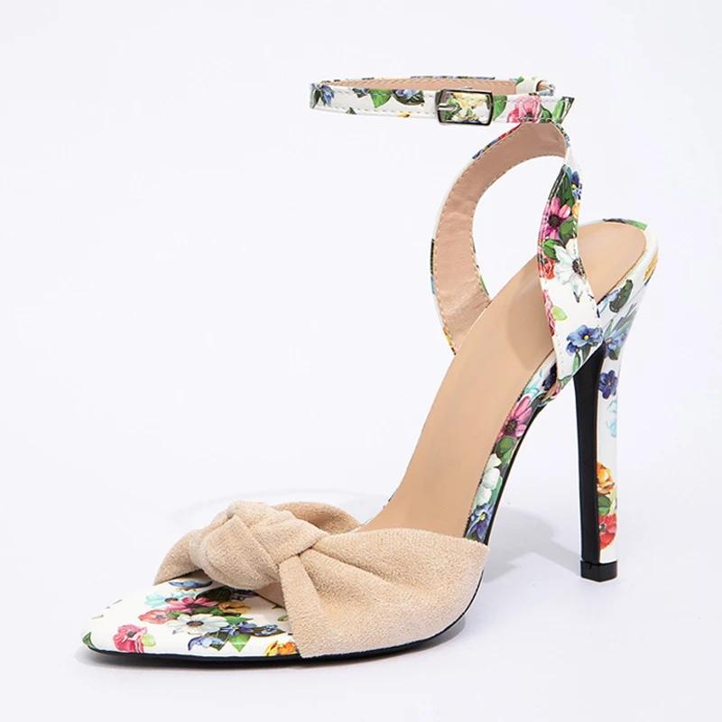 

Модные элегантные сандалии на ремешке вокруг щиколотки с принтом из кожи, женские летние модные туфли для банкета и вечеринки на тонком высоком каблуке с узлом и плиссировкой из флока с открытым носком 42