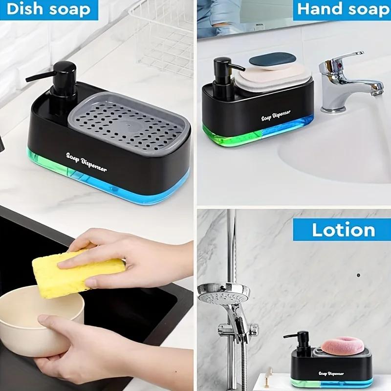 Hand and Dish Soap Dispenser Set Detergent Dispenser Sponge Holder 2-in-1 Countertop Soap Pump Dispenser for Kitchen Sink