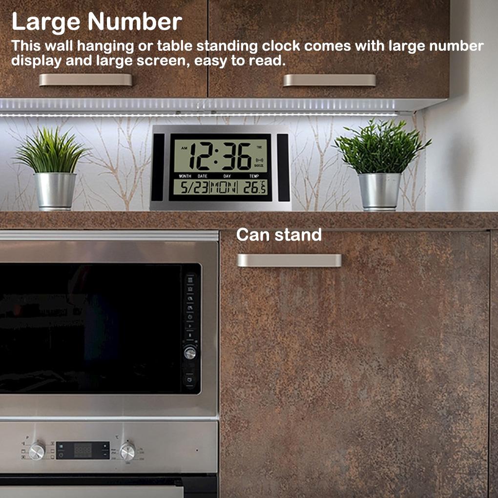 Digital Wall Clock LCD Large Alarm Desk Mute Thermometer Office Dorm