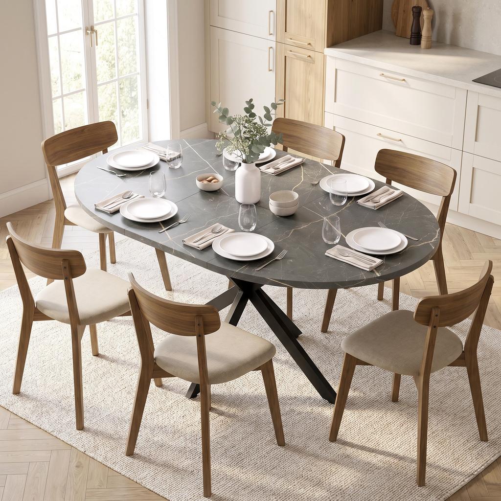 Oval Extendable Dining Table for 4-6, 100-135 cm Extension, Black Marble Effect