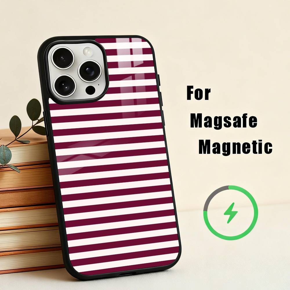 B-Burgundy W-White Stripe Phone Case For iPhone 17,16,15,14,13,12,Plus,Pro,Max for Magsafe Magnetic Wireless Charging