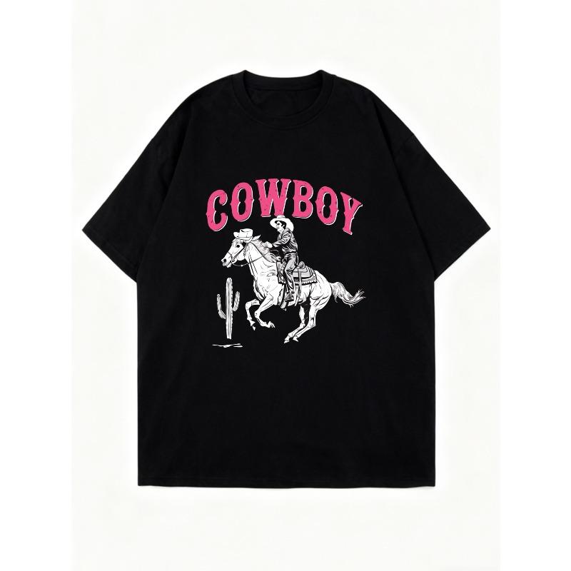 Oversized T Shirt Dress Black Cowboy Horse And Cactus Print Graphic For Casual Wear