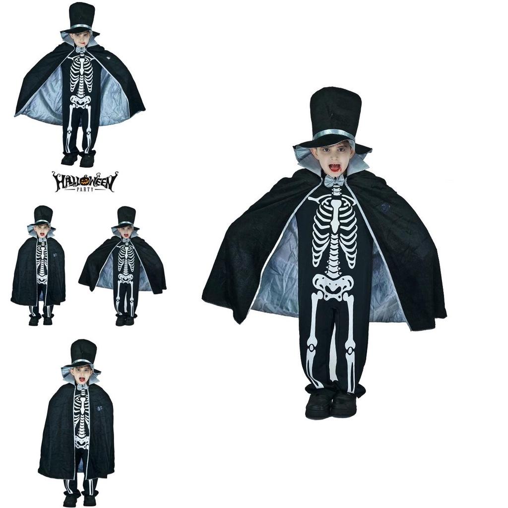 Kids Boy Skeleton Skull Ghost Cloak Halloween Cosplay Party Outfit Costume